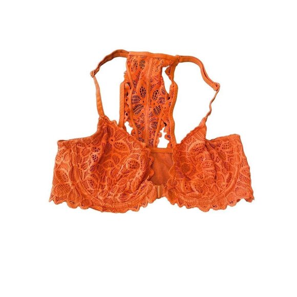 Pink Victoria's Secret Ornge Lace Front Hook Bra Size 32C - Picture 1 of 8